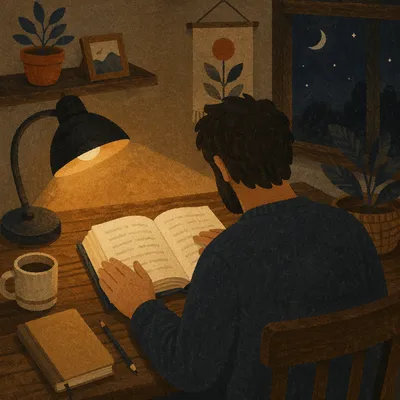 Man Reading Bible by Warm Desk Lamp