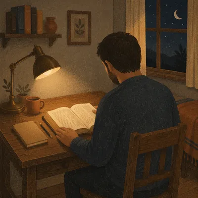 Man Reading Bible by Warm Lamp