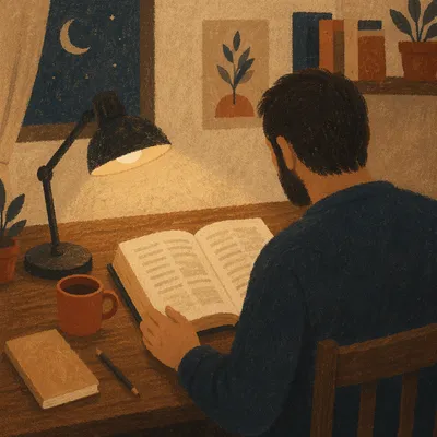 Man Reading Bible by Warm Desk Lamp