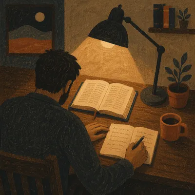 Man Reading Bible by Warm Desk Lamp