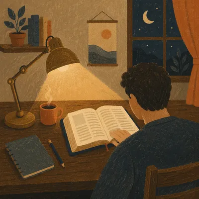 Quiet Night Bible Study at Wooden Desk