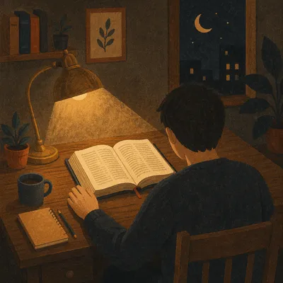 Man Reading Bible by Warm Desk Lamp
