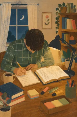 Man Studying Bible by Warm Desk Lamp