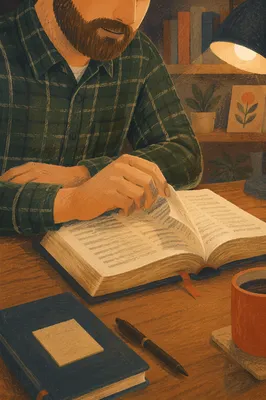 Man Reading Bible by Warm Desk Lamp