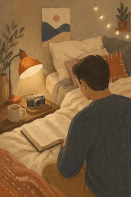 Man Reading Bible by Warm Desk Lamp