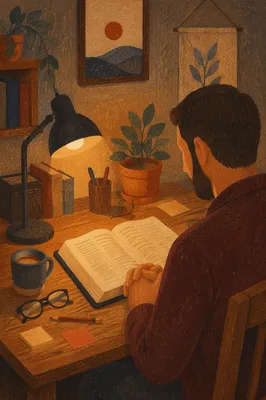 Man Reading Bible by Warm Desk Lamp