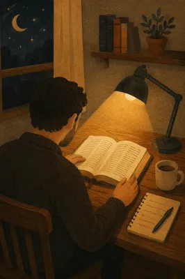 Man Reading Bible by Desk Lamp