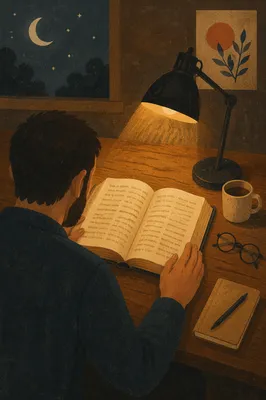 Man Reading Bible by Desk Lamp