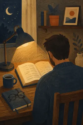 Man Reading Bible by Desk Lamp