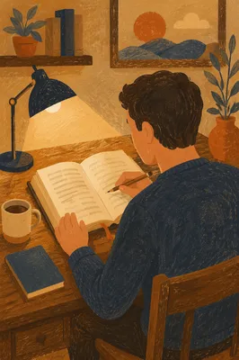 Man Reading Bible by Warm Desk Lamp