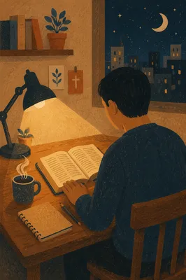 Man Reading Bible by Warm Desk Lamp