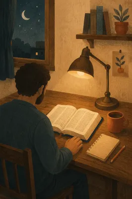 Man Reading Bible by Warm Desk Lamp