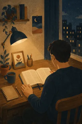 Man Reading Bible by Warm Desk Lamp