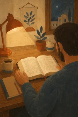 Man Reading Bible by Warm Desk Lamp