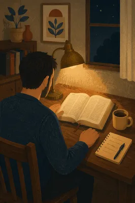 Man Reading Bible by Warm Lamp