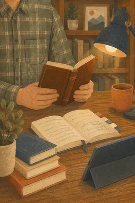 Man Reading Bible by Desk Lamp