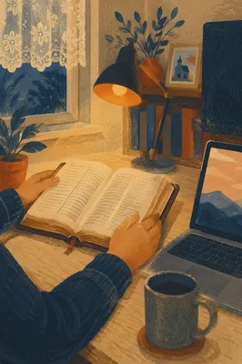 Man Reading Bible by Desk Lamp