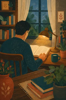 Man Reading Bible by Desk Lamp