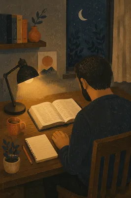 Man Reading Bible by Warm Desk Lamp