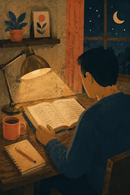 Quiet Night Bible Reading at Desk Lamp