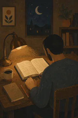 Man Reading Bible by Warm Desk Lamp