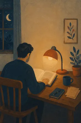 Man Reading Bible by Warm Desk Lamp