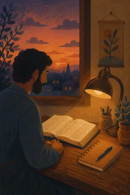 Man Reading Bible by Warm Desk Lamp