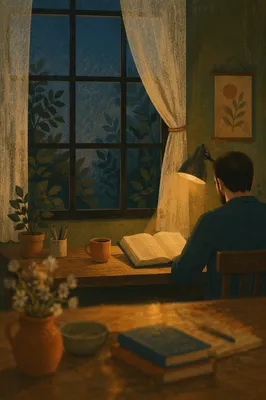 Man Reading Bible by Warm Desk Lamp