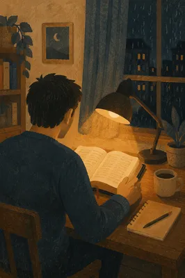Man Reading Bible by Warm Desk Lamp