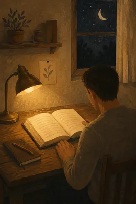 Man Reading Bible by Warm Desk Lamp