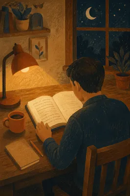 Man Reading Bible by Warm Desk Lamp