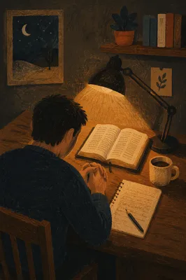 Man Reading Bible by Warm Desk Lamp