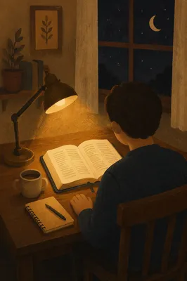 Man Reading Bible by Warm Desk Lamp