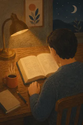 Man Reading Bible by Warm Desk Lamp