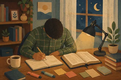 Man Studying Bible by Warm Desk Lamp