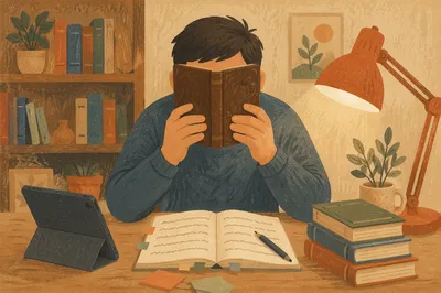 Man Reading Bible Under Warm Desk Lamp