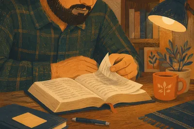 Man Reading Bible by Warm Desk Lamp
