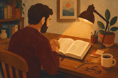 Man Reading Bible by Warm Desk Lamp