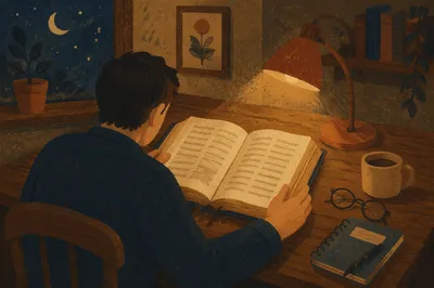 Man Reading Bible by Desk Lamp