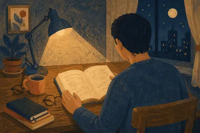Man Reading Bible by Desk Lamp