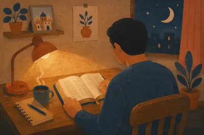 Man Reading Bible by Warm Desk Lamp