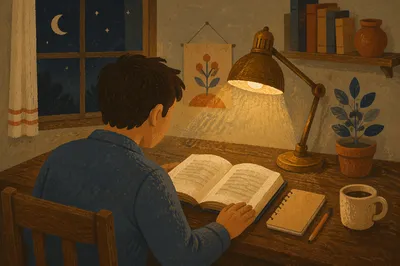 Man Reading Bible by Warm Desk Lamp