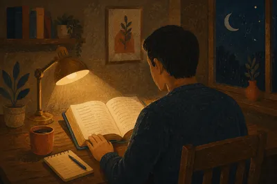 Man Reading Bible by Warm Desk Lamp