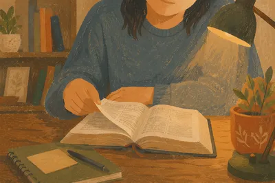 Man Reading Bible by Desk Lamp