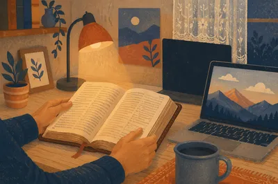 Evening Bible Study by Desk Lamp