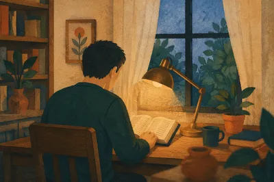 Man Reading Bible by Desk Lamp