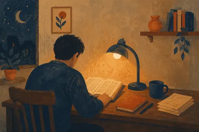 Quiet Bible Reading by Warm Desk Lamp