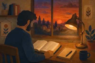 Man Reading Bible by Warm Desk Lamp