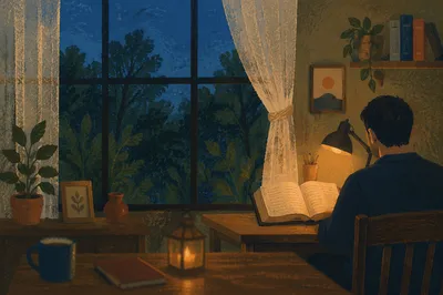 Man Reading Bible by Warm Desk Lamp