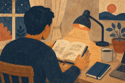 Evening Bible Reading by Warm Desk Lamp